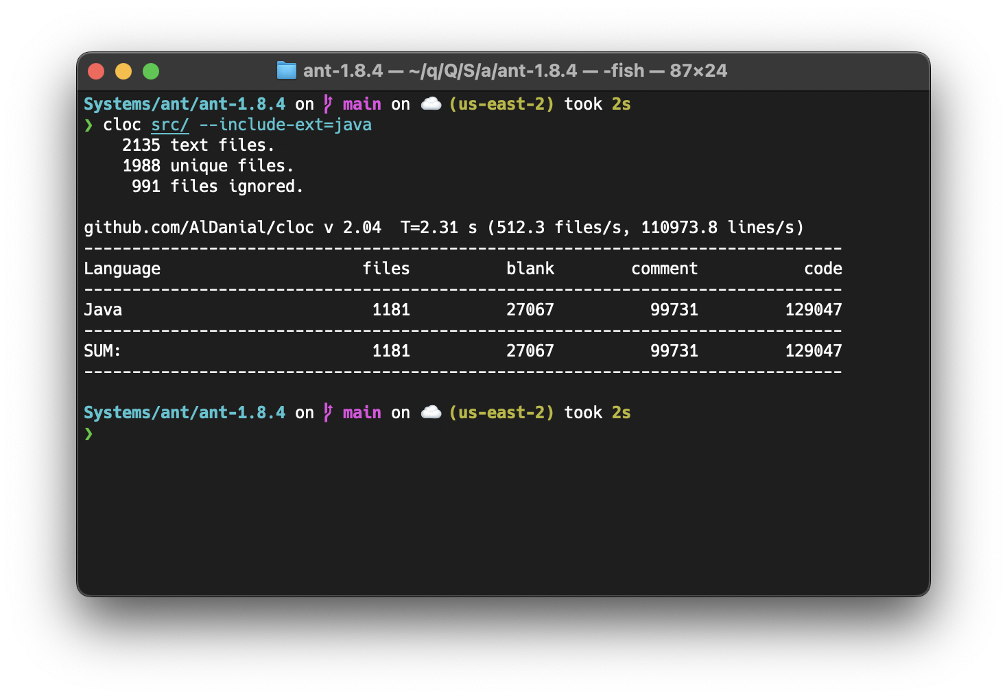 ant 1.8.4のjavaソースファイルの行数